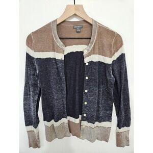 Eddie Bauer Womens Small Brown Navy Blue Wavy Stripe Cotton Blend Cardigan Swea